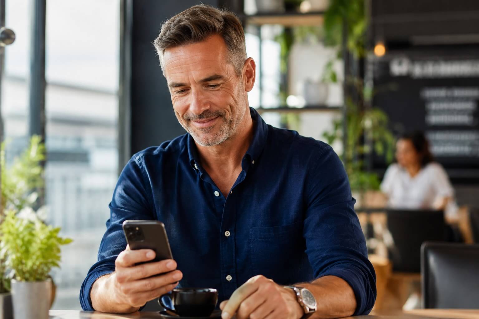 Man over 40 enjoying reading on his phone, with multifocal contact lenses